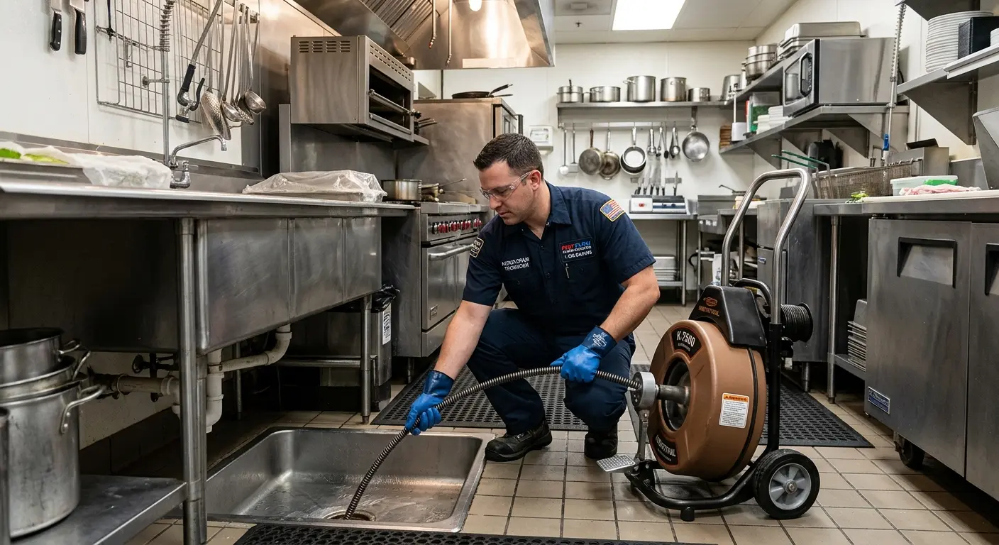 Commercial drain cleaning service in a restaurant kitchen in Comstock