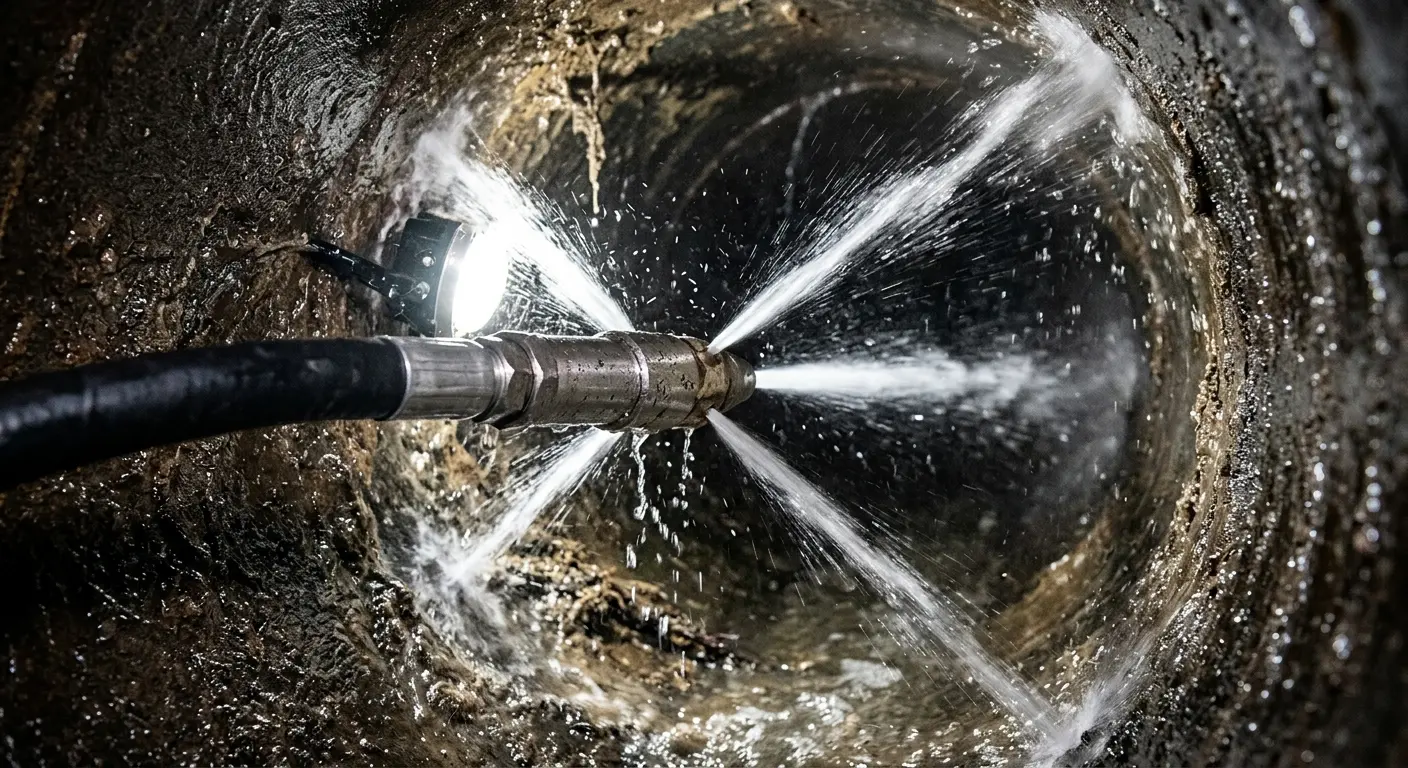 High-pressure hydro jetting nozzle cleaning sewer pipe for Sewer Cleanout in Comstock