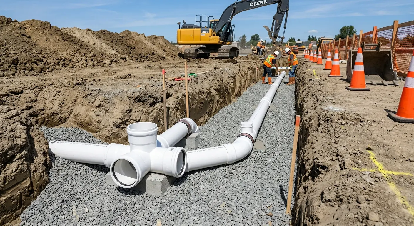 New PVC sewer pipe installation in open trench for Grease Trap Cleaning in Comstock