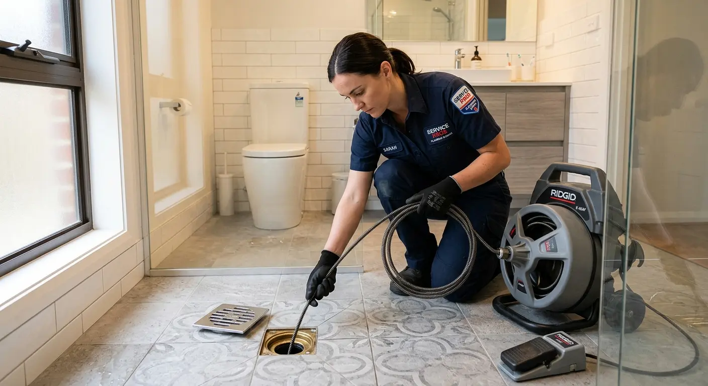 Technician clearing a bathroom floor drain for Drain Repair in Comstock